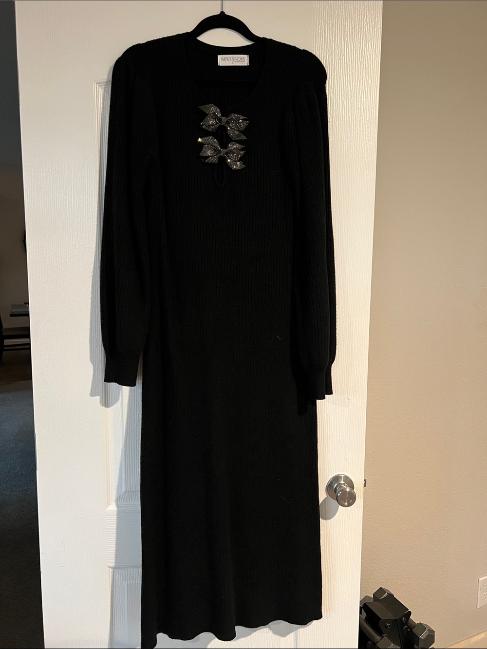 Black Ribbed Knit Long Sleeve Midi Dress with Bow Cluster